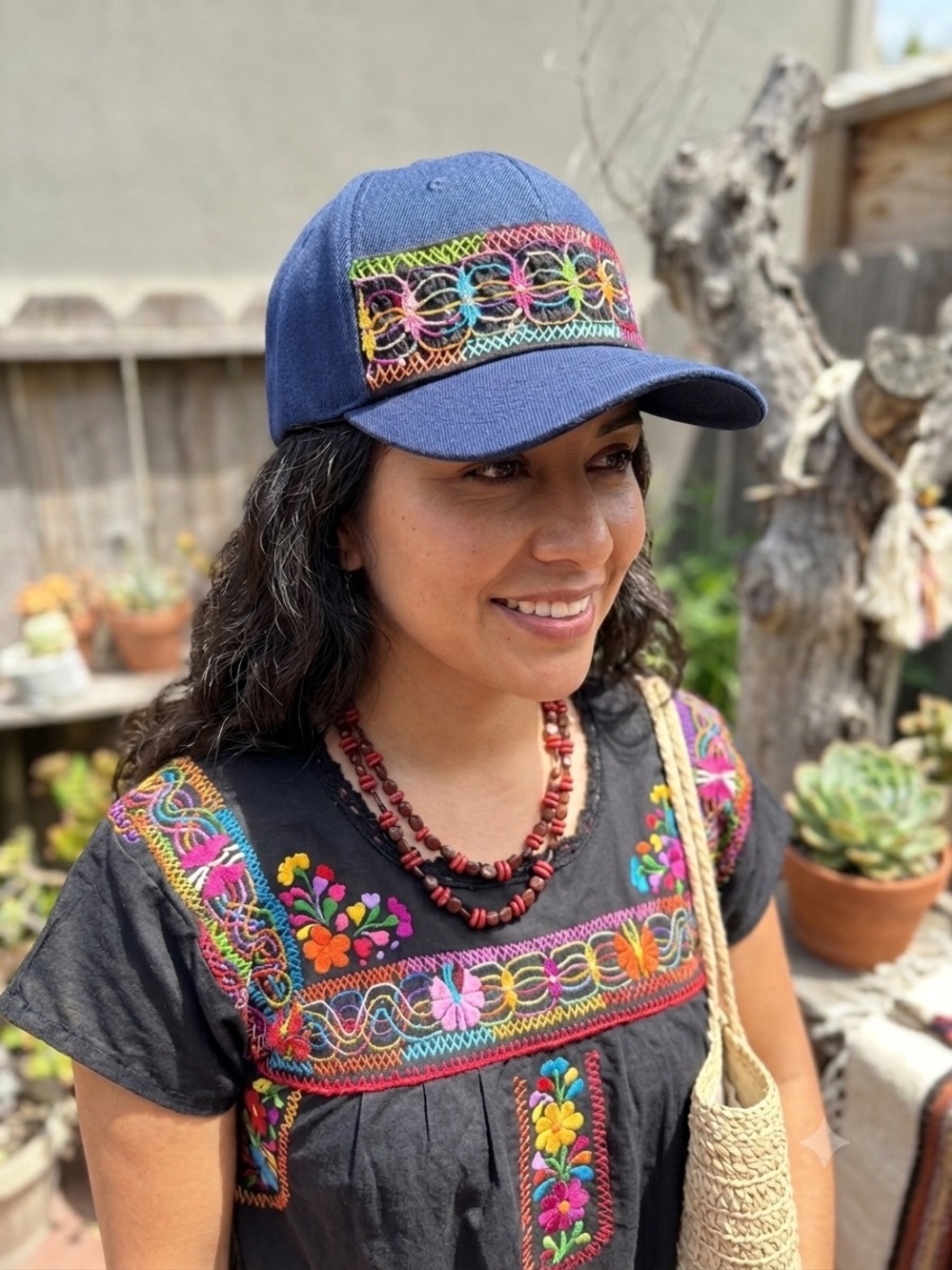 Navy Baseball Cap with Multicolor Embroidered Band From Oaxaca